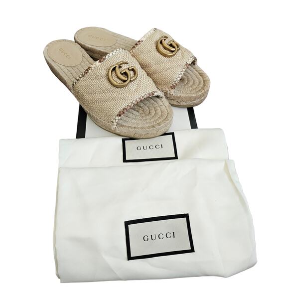 Gucci GG Marmont Raffia Espadrille Flat Slide Sandal Beige Brown 37.5 US 7.5 - Picture 7 of 12